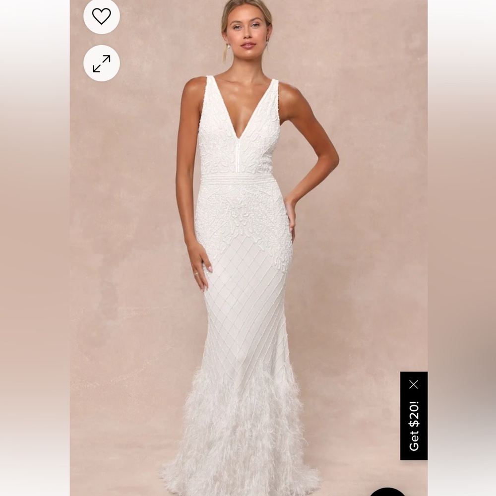 Lulu’s Glamorous Vow White Beaded Feather Lurex Mermaid Maxi Dress